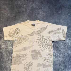 Vintage Harley Davidson 3D Emblem All Over Print Logo T Shirt Mens Small USA